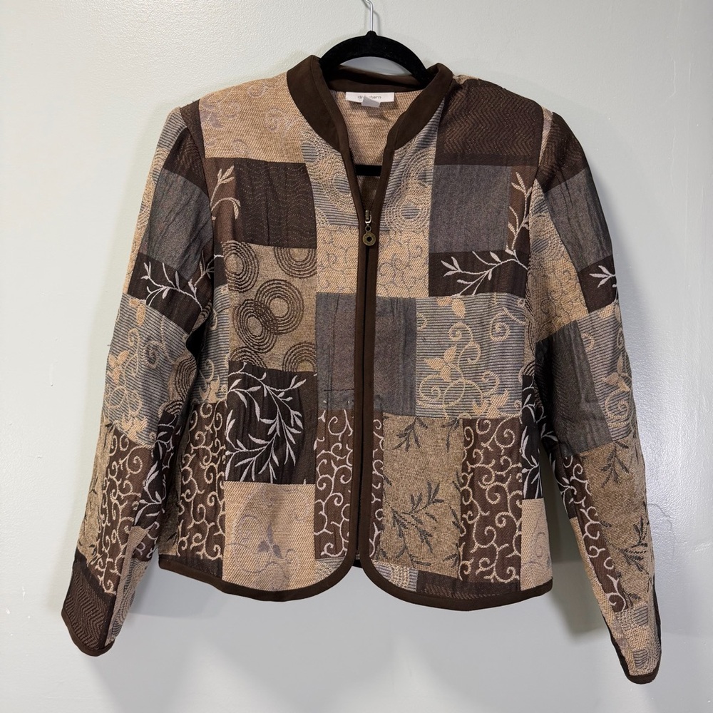Vtg Dressbarn Patchwork Tapestry Jacket Cottage 90s Brown Zip Up Size Small